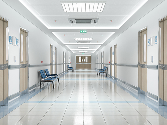 Long hospital bright corridor with rooms and blue seats 3D rendering