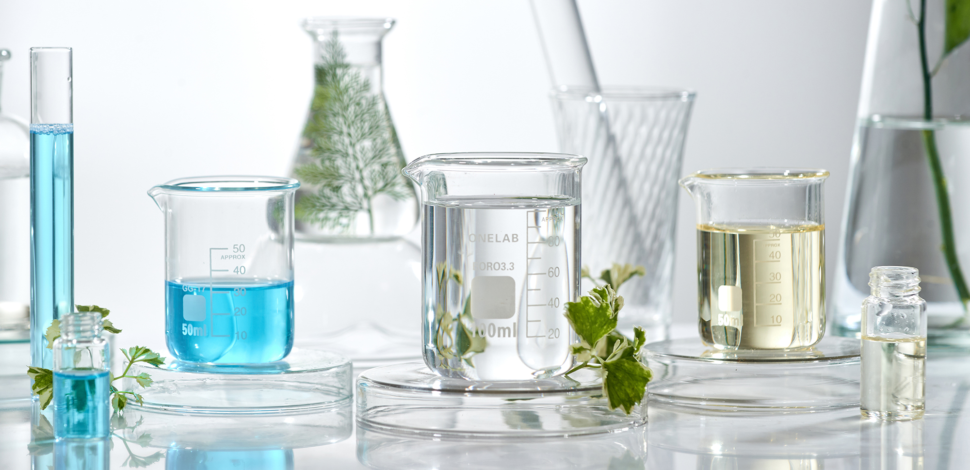 cosmetic laboratory research and development . science bio skincare cream serum product with leaves. natural organic beauty cosmetics concept. cosmetology.